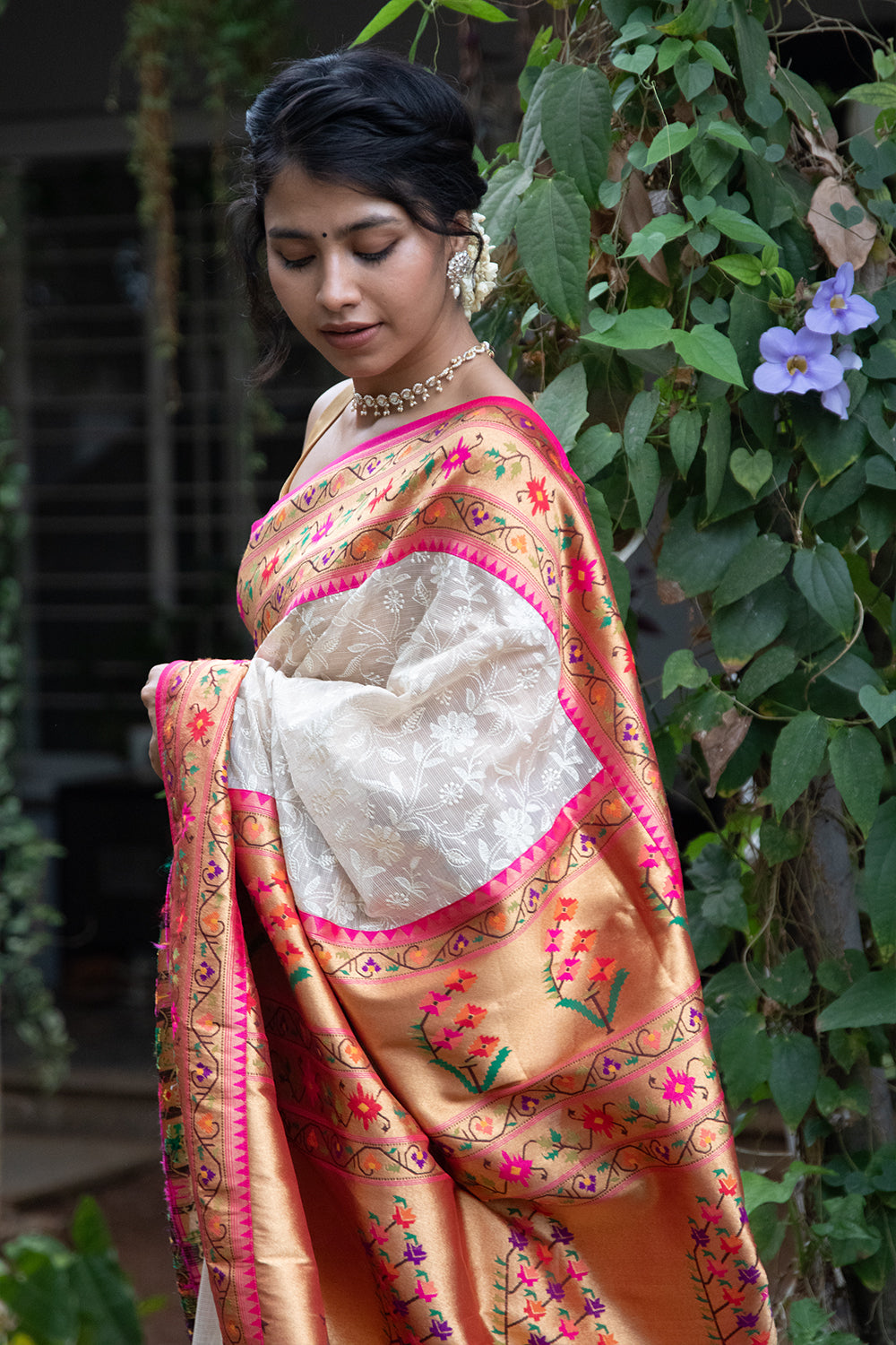 Creamy white embroidery floral motif Tussar Kora Silk saree