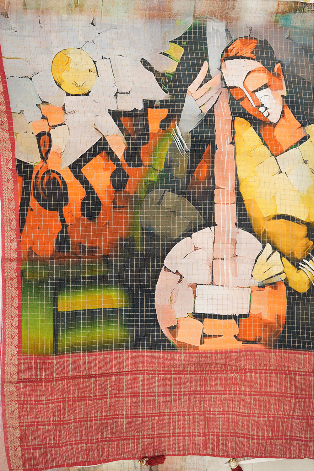 Dola silk saree featuring striking abstract prints in artistic patterns, offering a modern twist on traditional elegance with a soft, fluid drape.