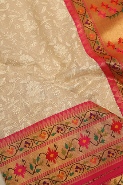 Creamy white embroidery floral motif Tussar Kora Silk saree