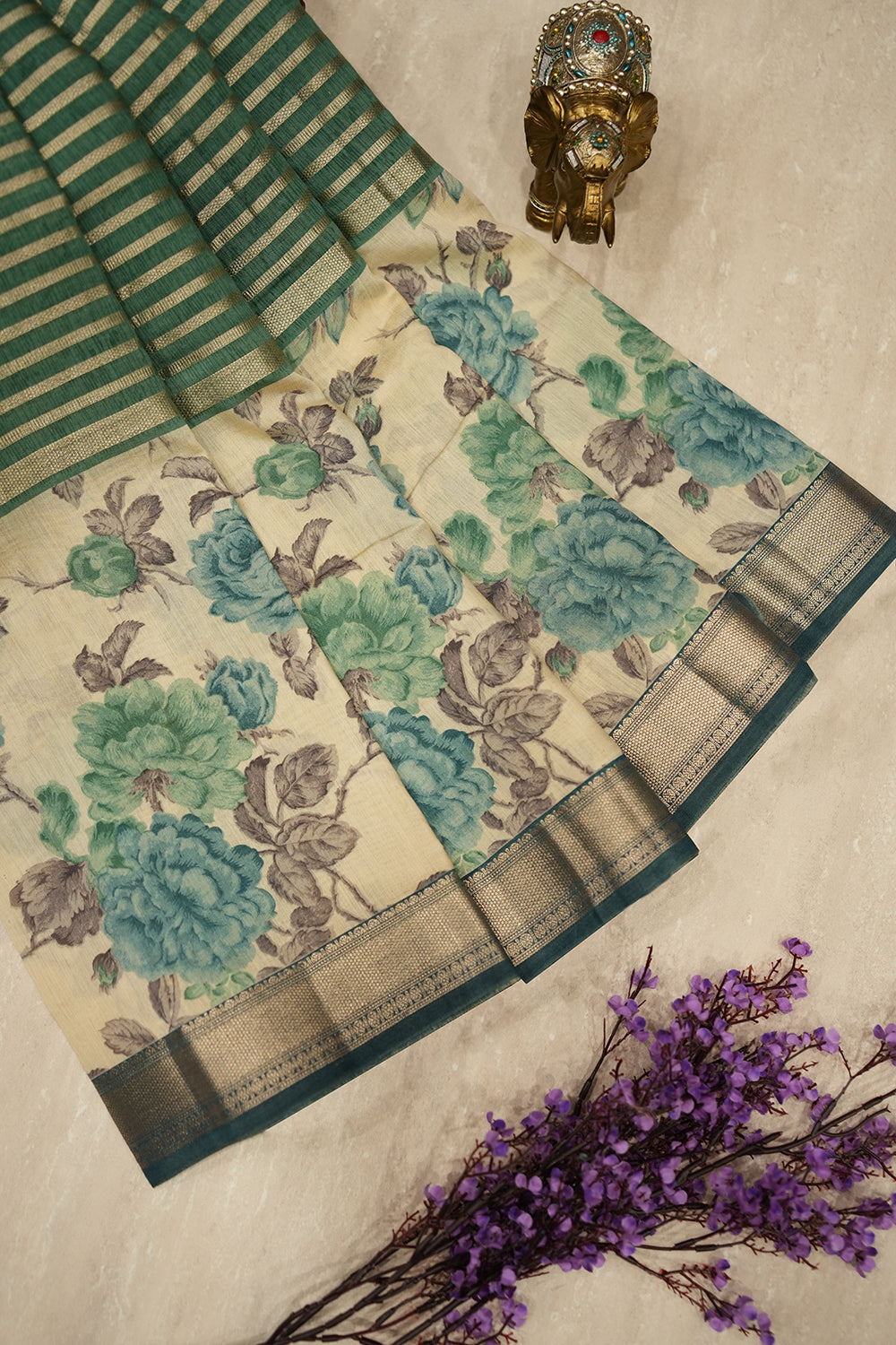 Green Chanderi Tussar saree with subtle zari detailing and a soft, elegant drape, perfect for festive and semi-formal occasions.