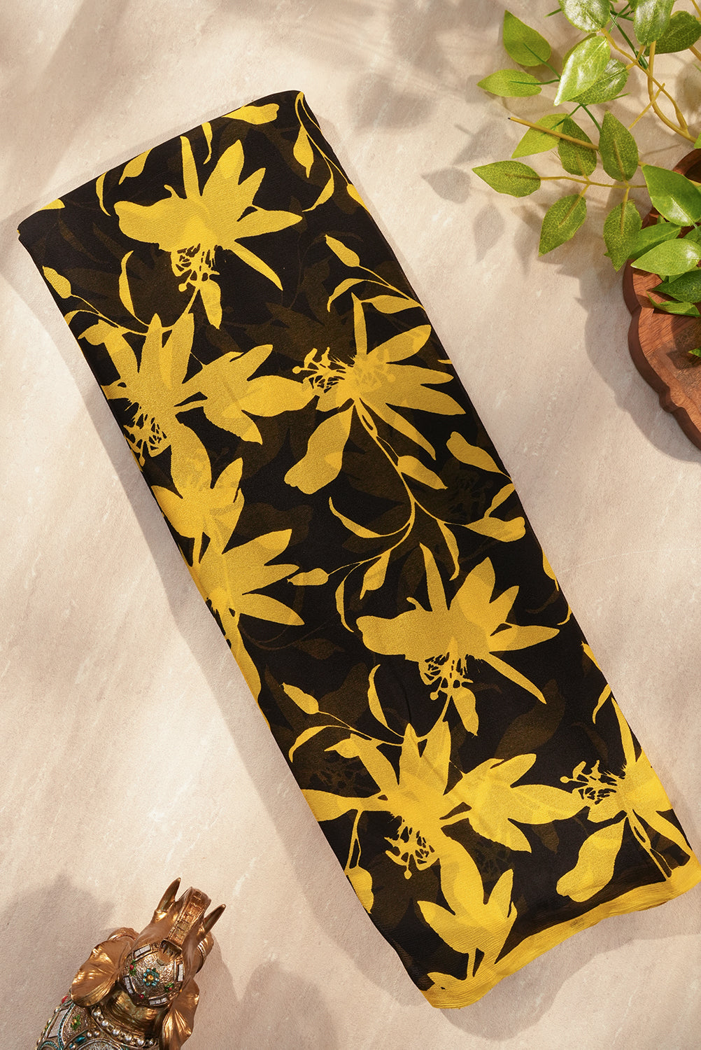 Black and Yellow Flower Print Chiffon Saree