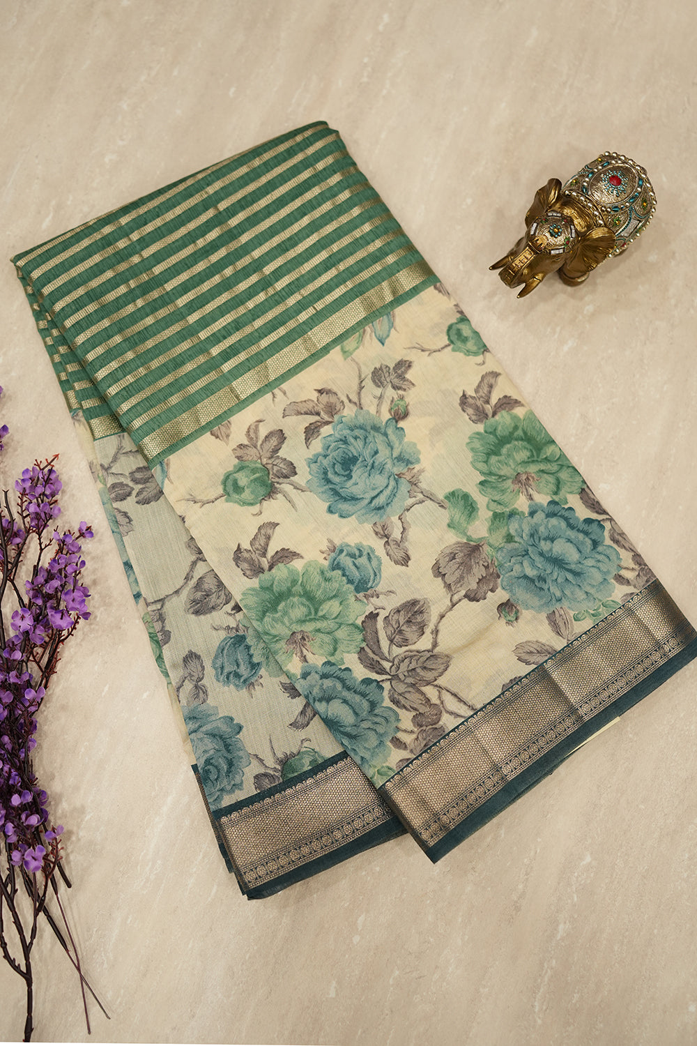 Green Chanderi Tussar saree with subtle zari detailing and a soft, elegant drape, perfect for festive and semi-formal occasions.