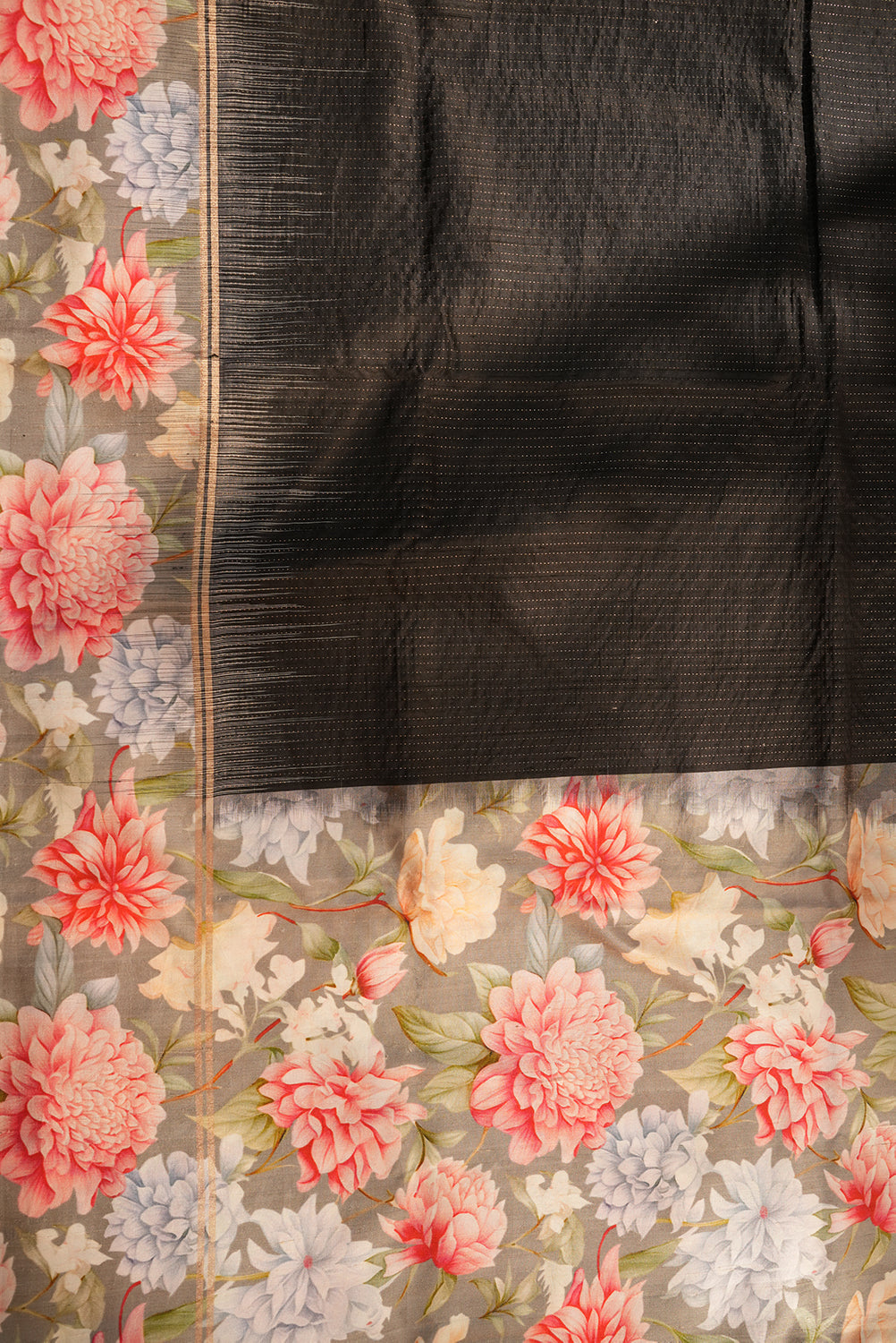 Black Pure Floral Silk Saree