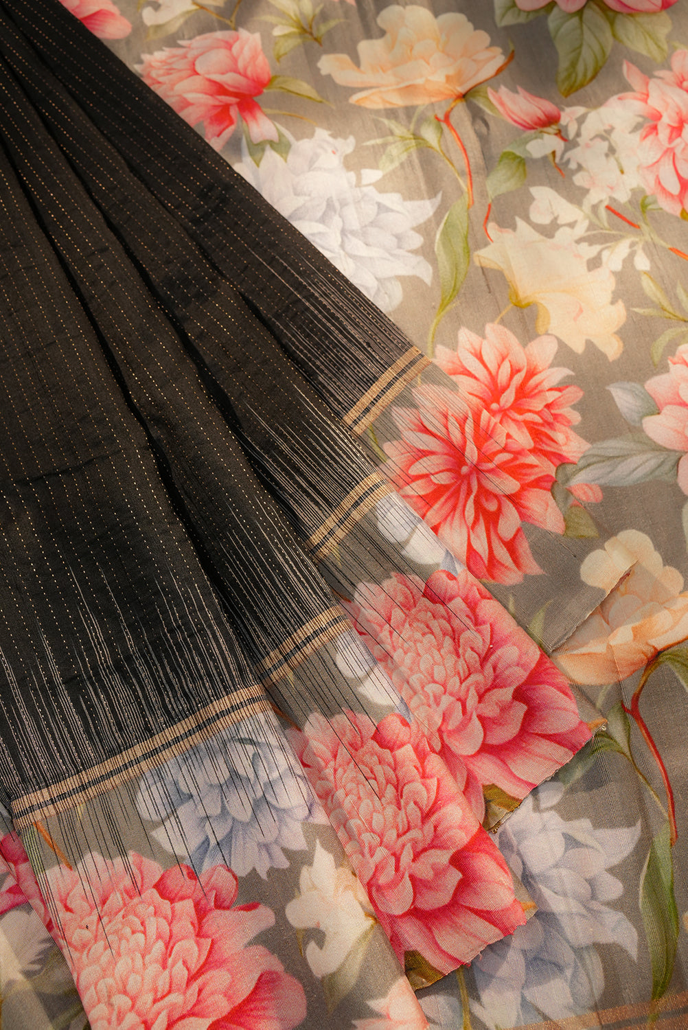 Black Pure Floral Silk Saree