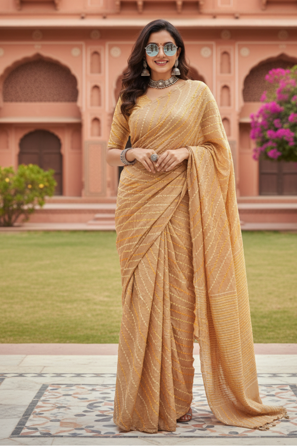 Beige Bandhani Saree with Yellow Diagonal Stripes