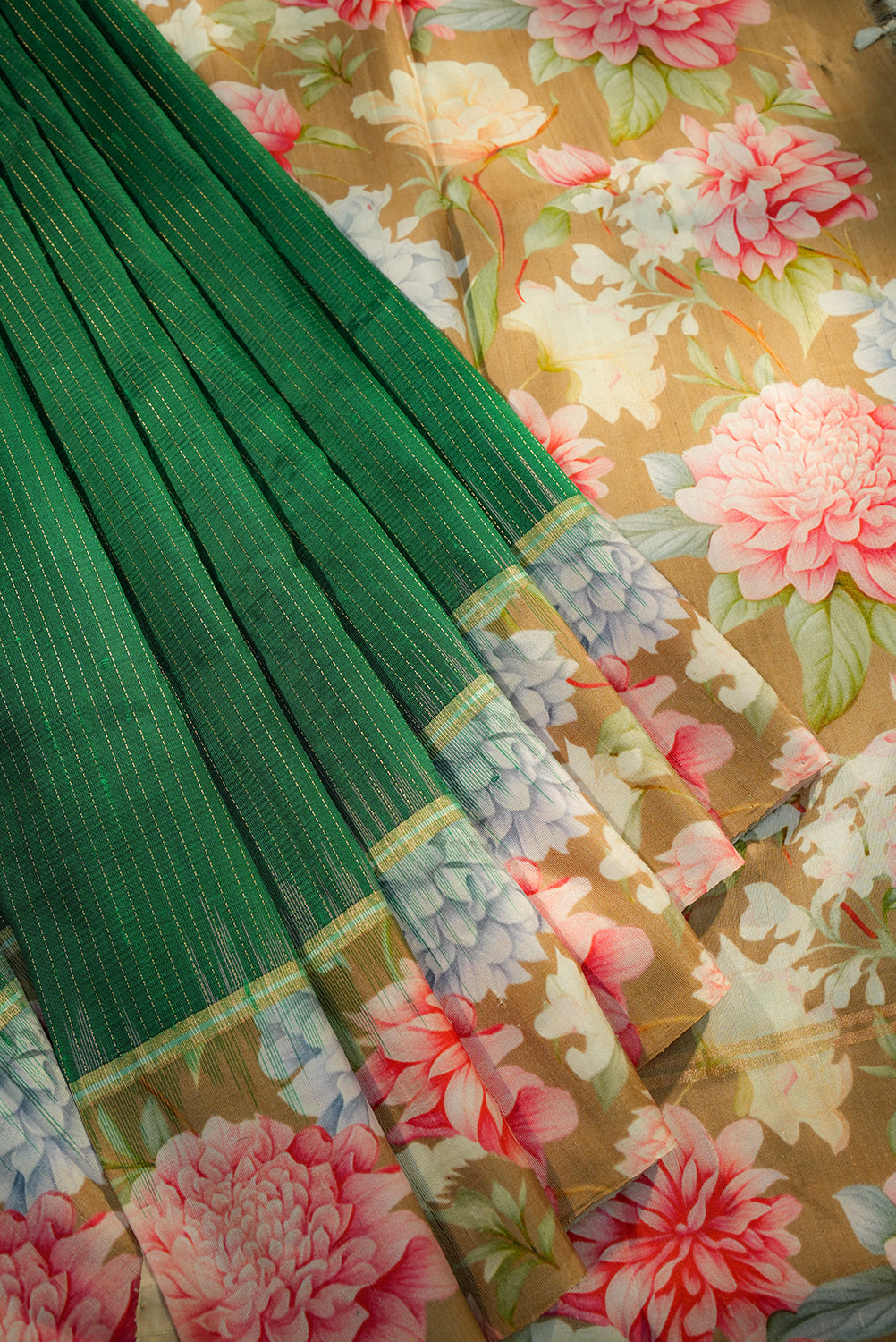 Forest Green Pure Floral Silk Saree