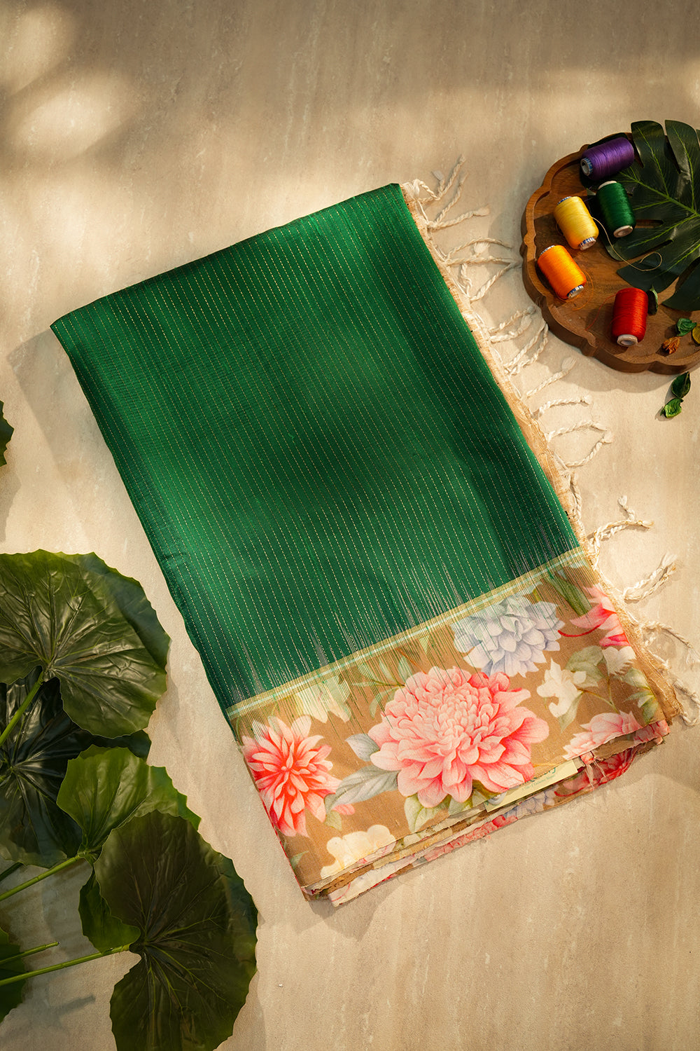 Forest Green Pure Floral Silk Saree