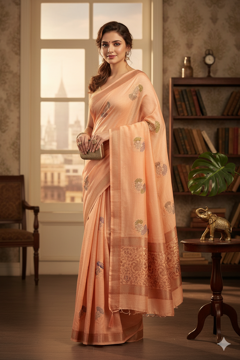 Elegant Peach Organza Saree with Gold Zari Border