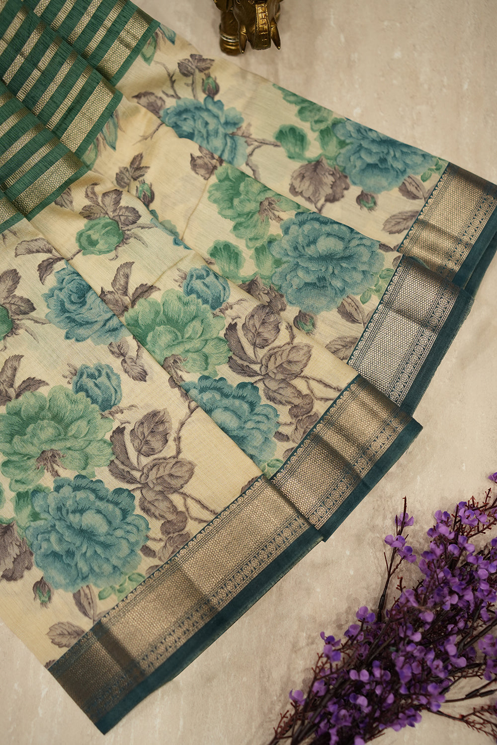 Green Chanderi Tussar saree with subtle zari detailing and a soft, elegant drape, perfect for festive and semi-formal occasions.