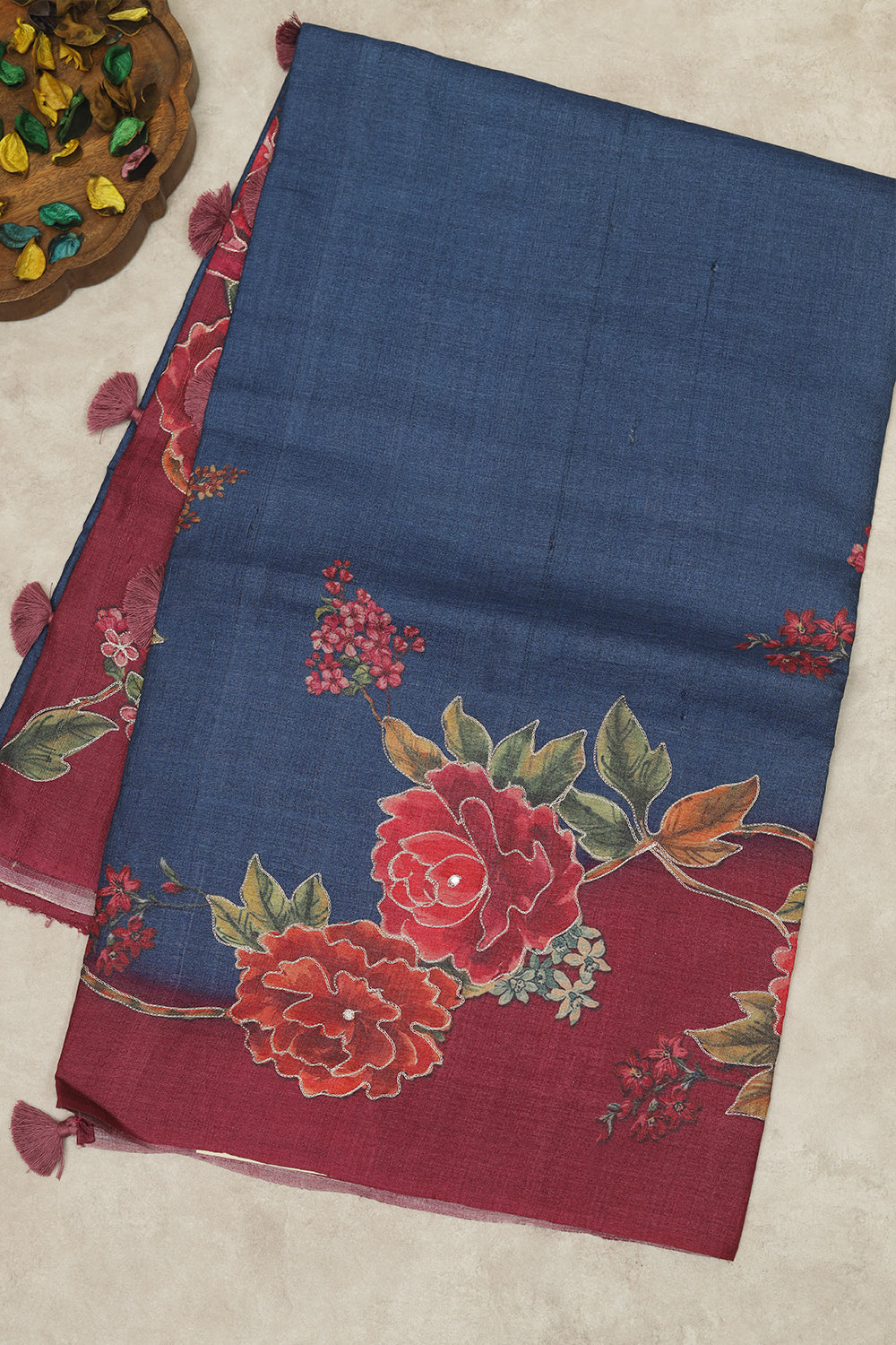 Ink Blue with Maroon Colour Tussar Silk Saree
