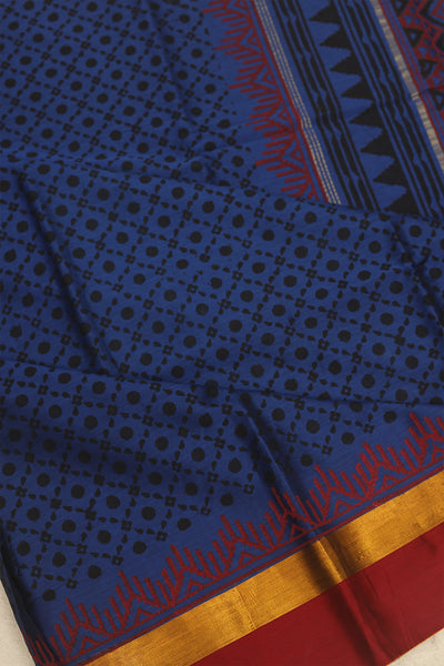 Navy blue printed cotton saree