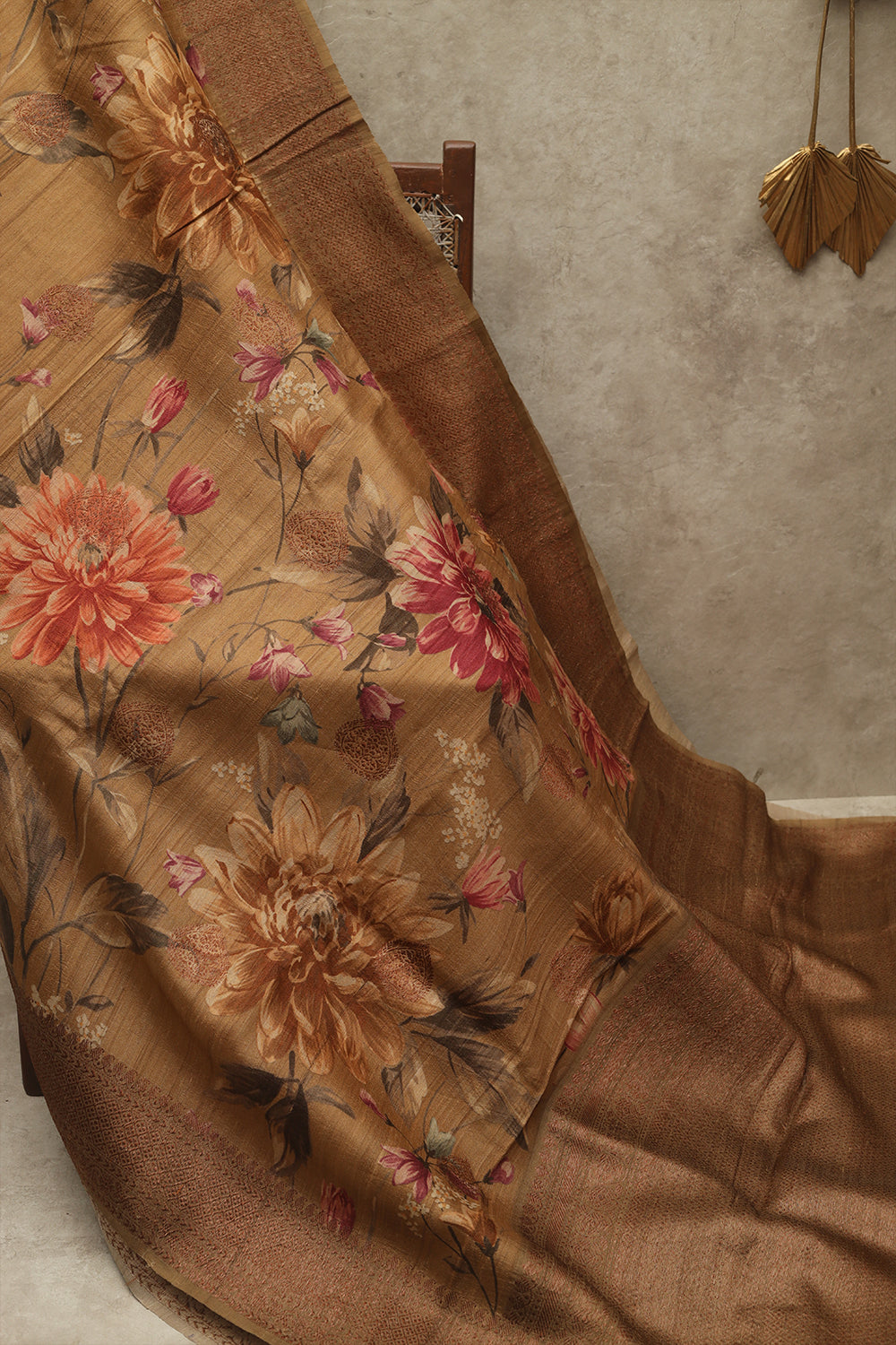 Lite Brown floral jute tussar saree