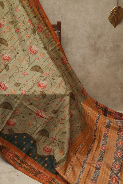 Cardamom green floral jute tussar saree