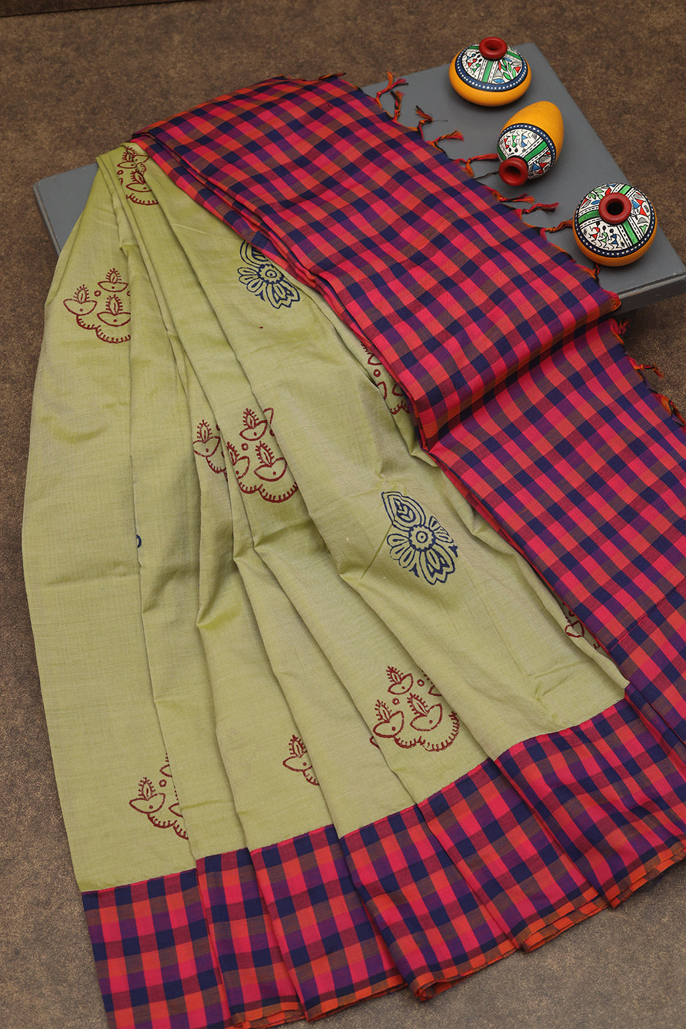 Lime green painting cotton saree