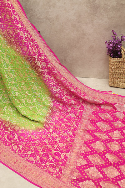 Vibrant green and pink georgette Banaras saree