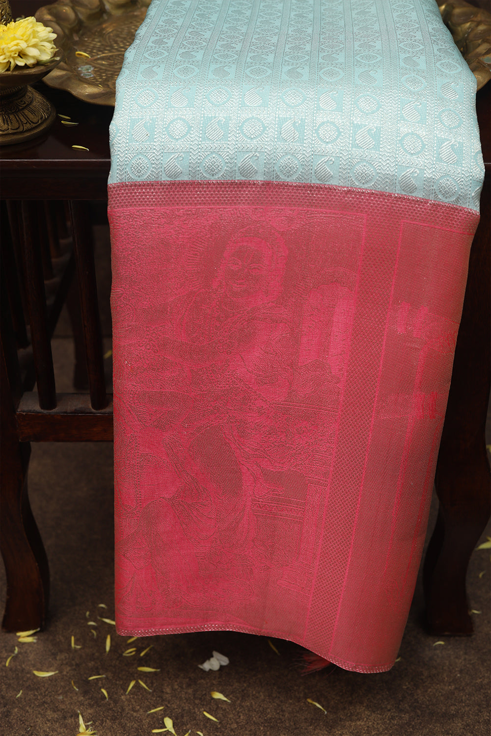 Ice Blue & Pink Kanjivaram Silk Saree