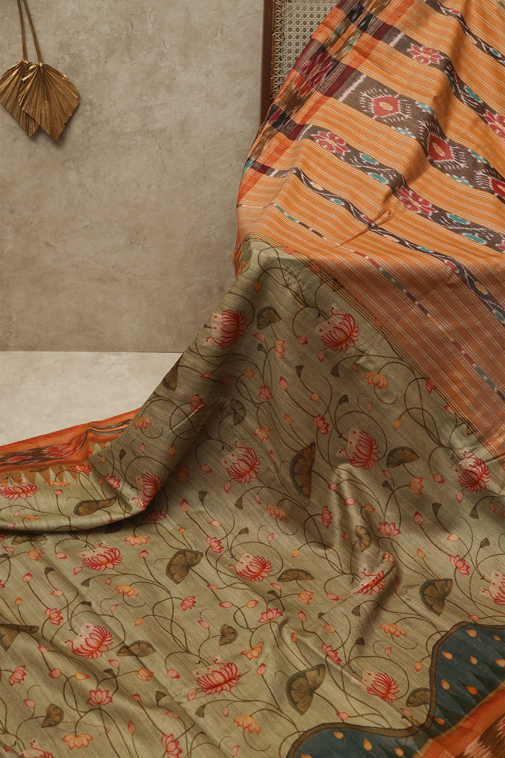 Cardamom green floral jute tussar saree