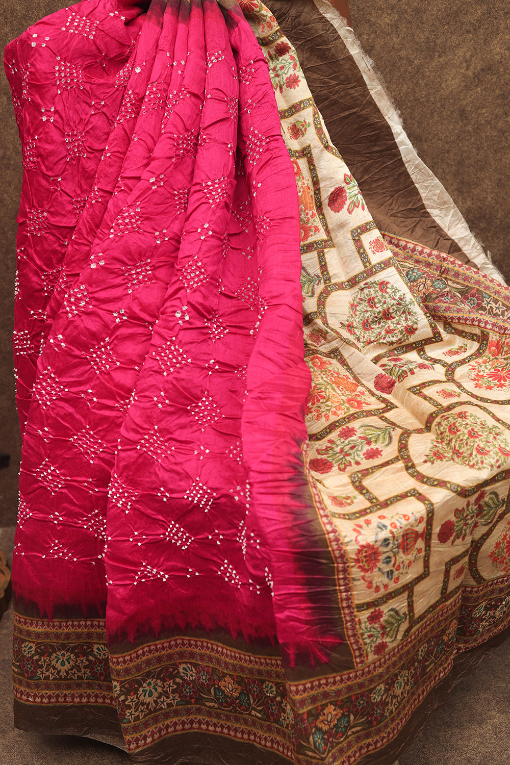 Pink with sandal ajrak bandhini saree