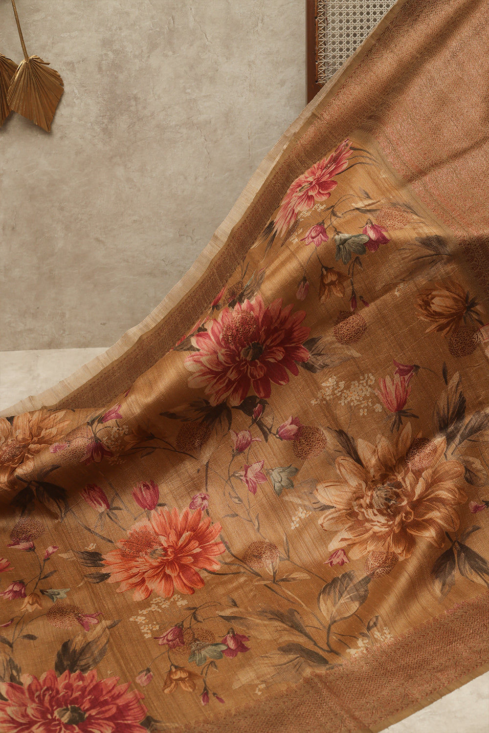 Lite Brown floral jute tussar saree