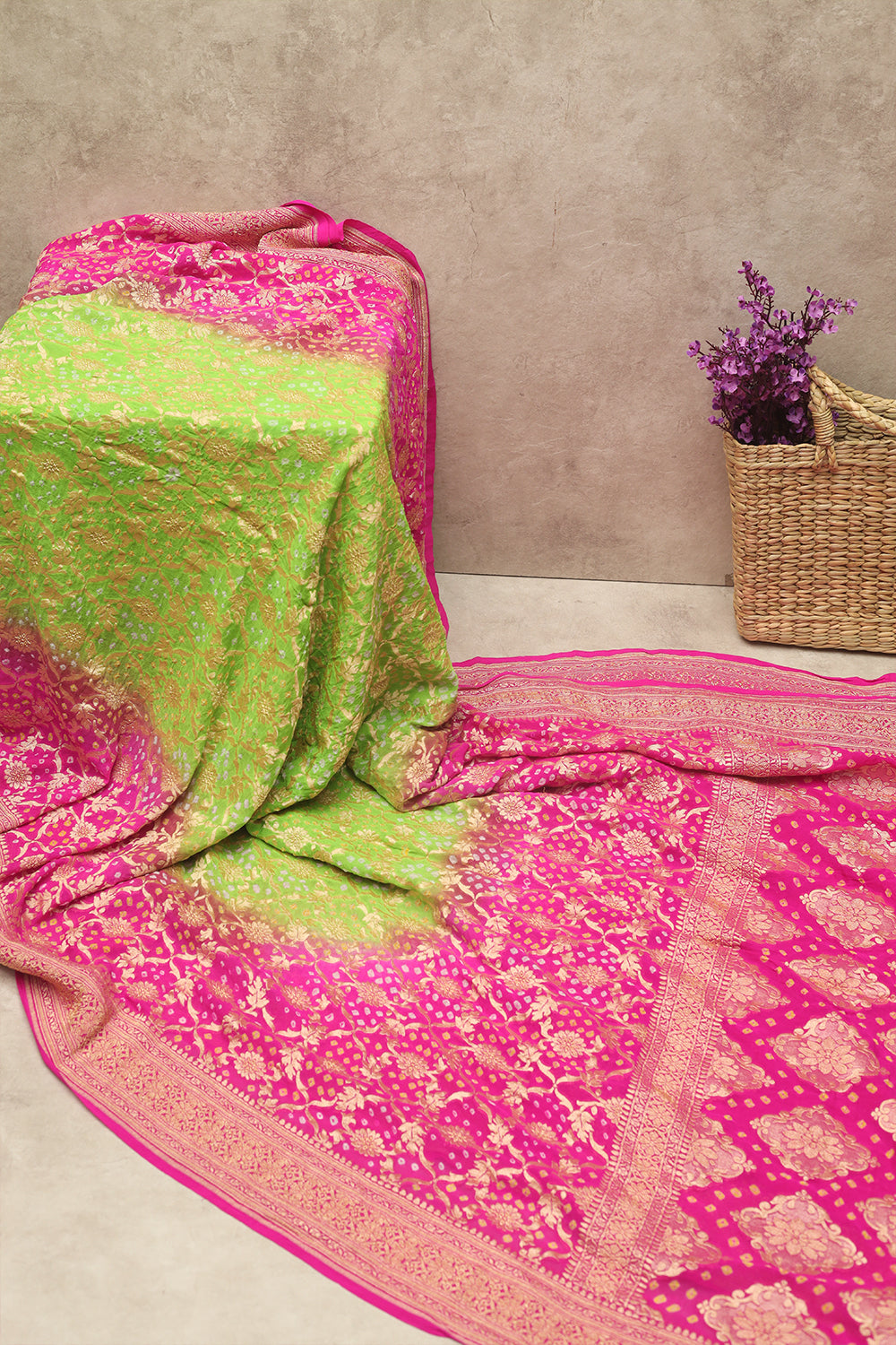 Vibrant green and pink georgette Banaras saree