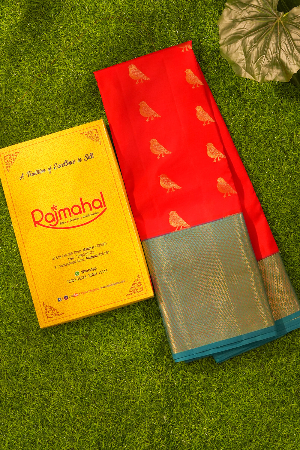 Vibrant Red Silk Saree with Contrast Teal Zari Border