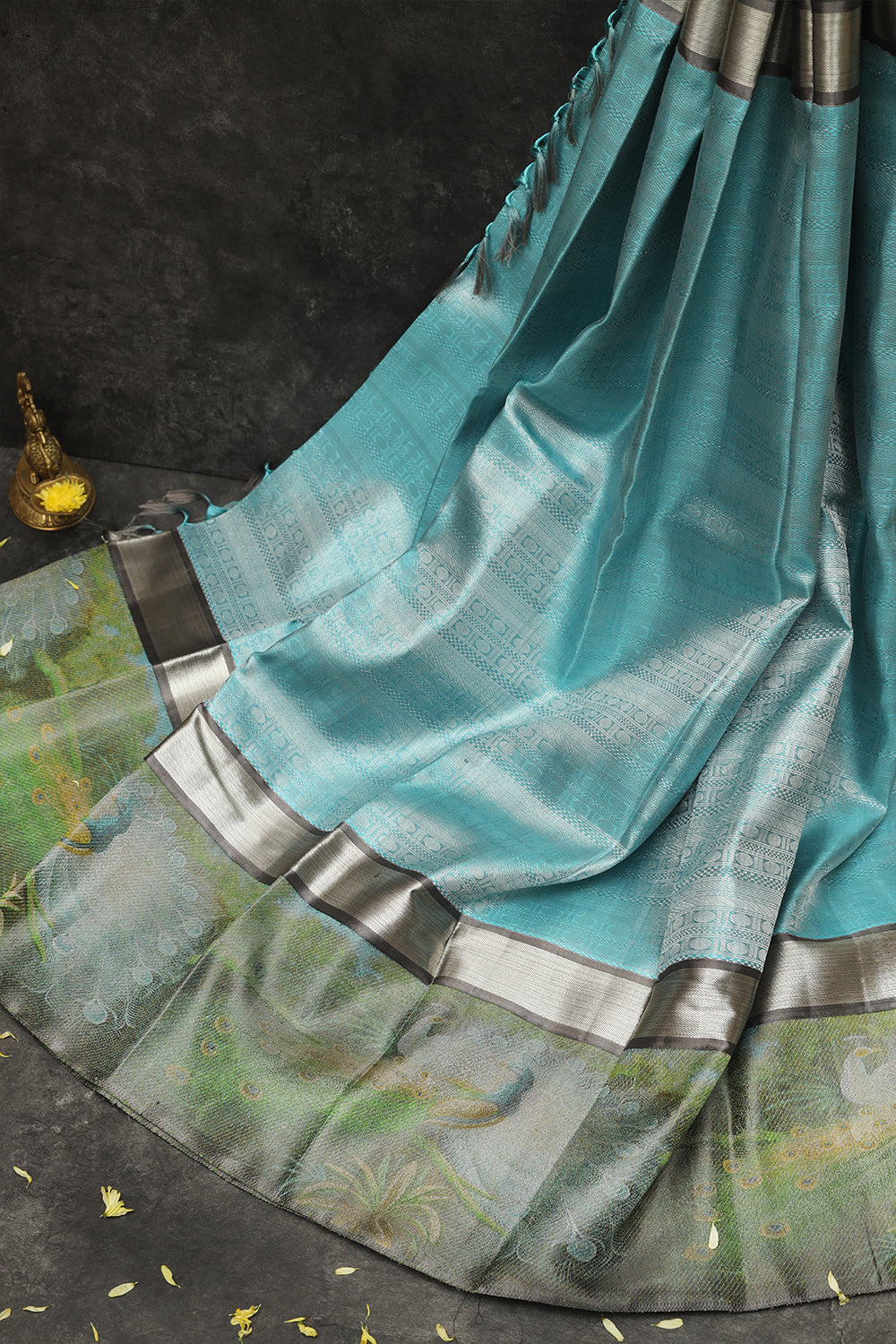 Water blue with grey colour silk saree