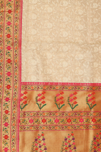 Creamy white embroidery floral motif Paithani Silk saree