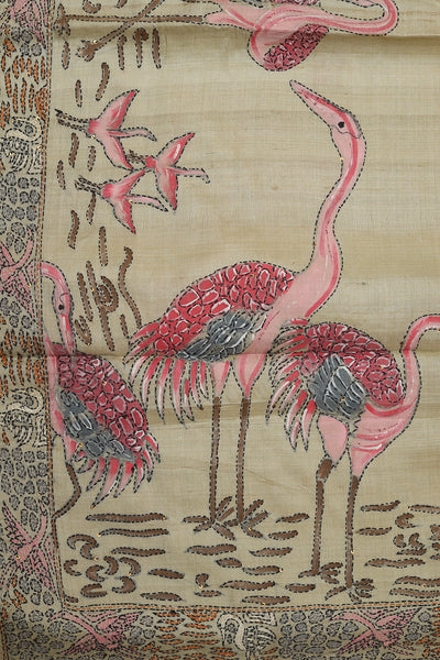 Cream pink flamingo hand painted tussar silk saree