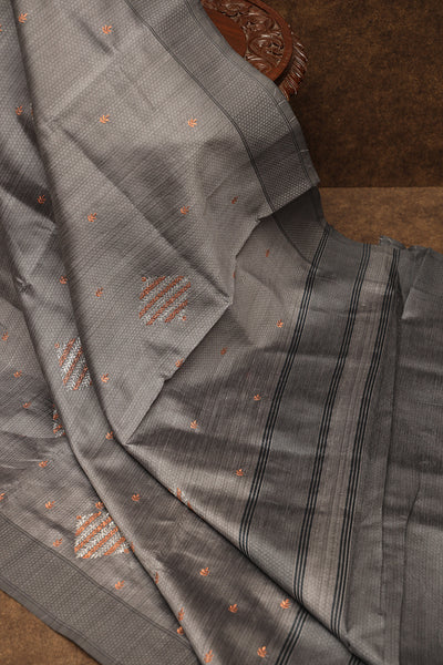 Grey with elephant black raw silk saree