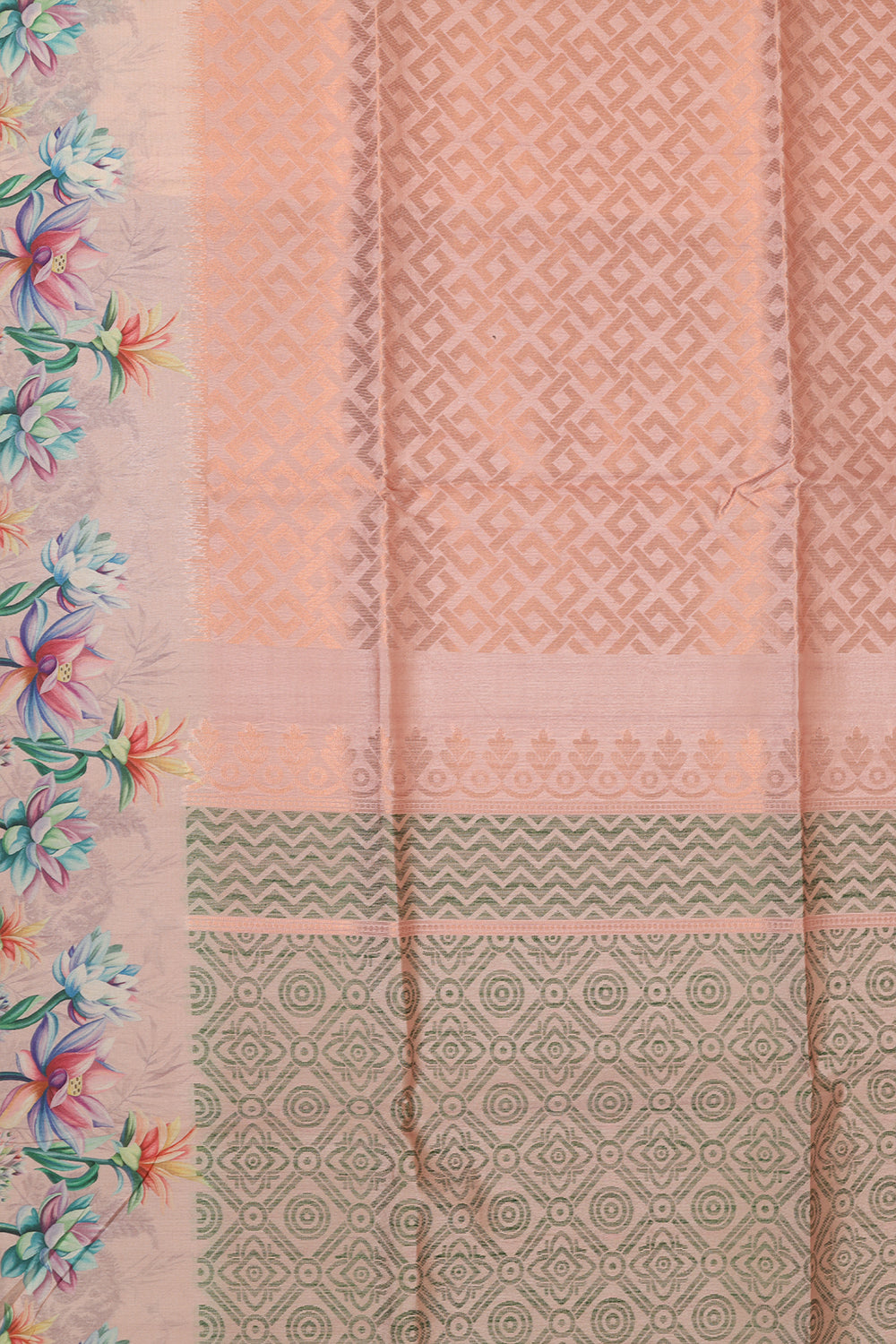 Peach and Multi Coloured Floral Tussar Silk Saree