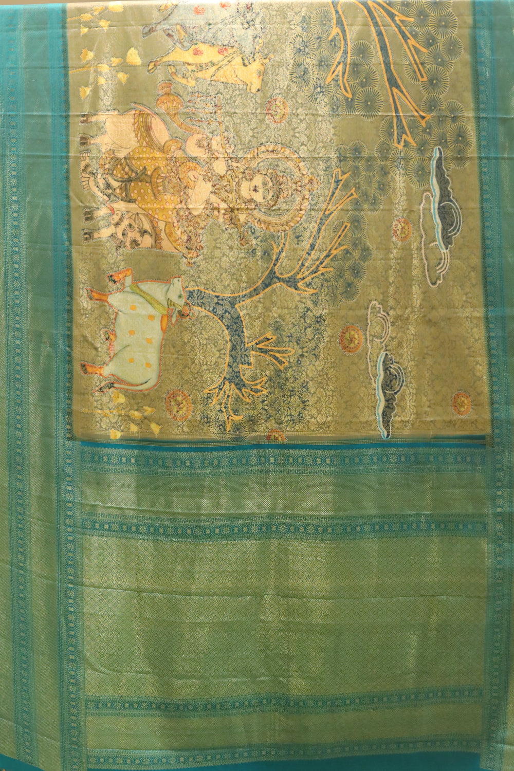 English grey pichwai Kalamkari silk saree