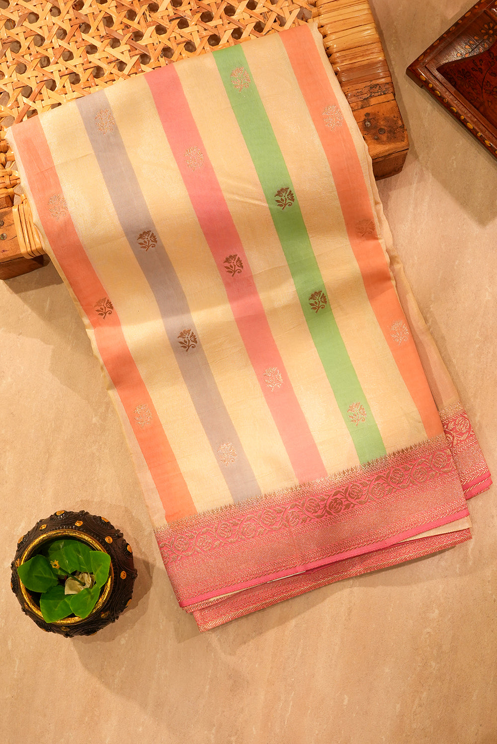 Pastel Multi-Color Striped Raw Silk Saree with Floral Buttas