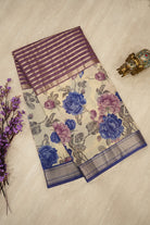 Blue Chanderi Tussar saree with a contrasting purple border and soft zari detailing, offering a lightweight and elegant drape.