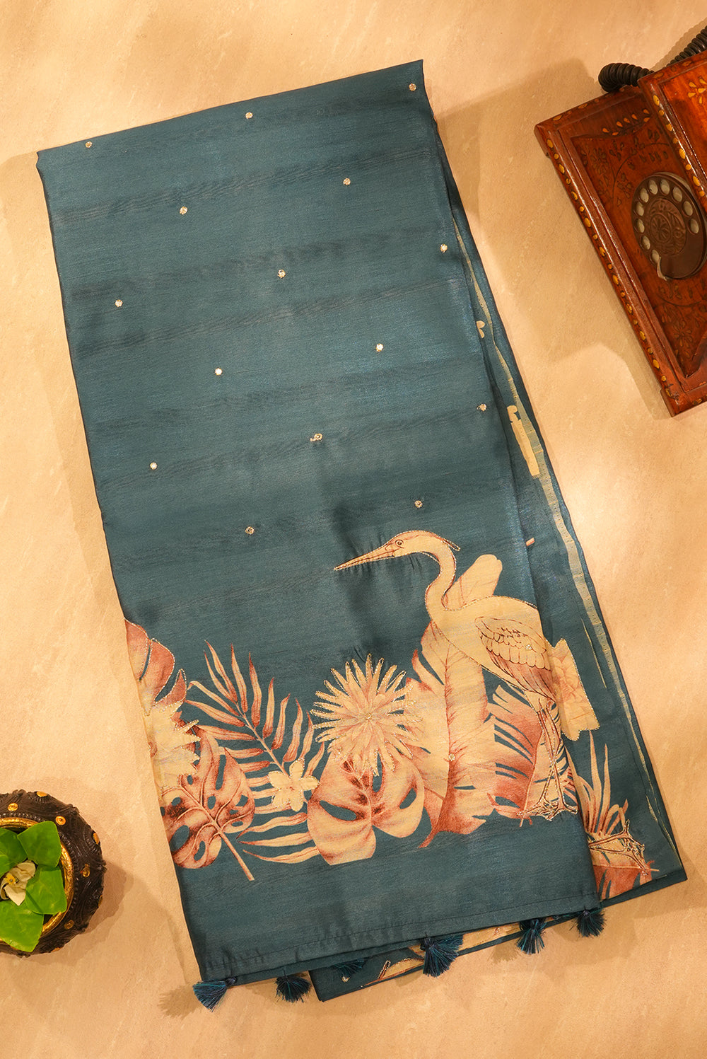 Teal Blue Tussar Saree with Tropical Crane Border