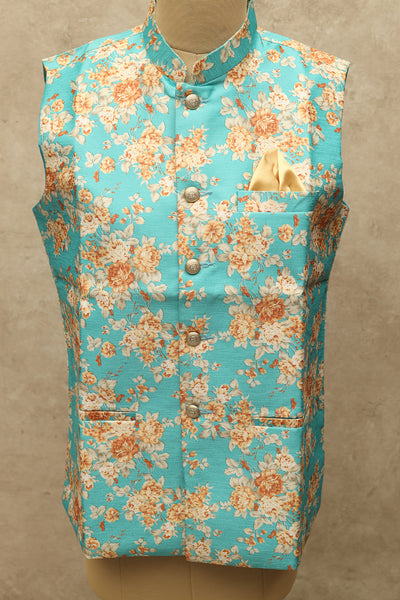 Turquoise blue floral silk Modi coat (Size-M)