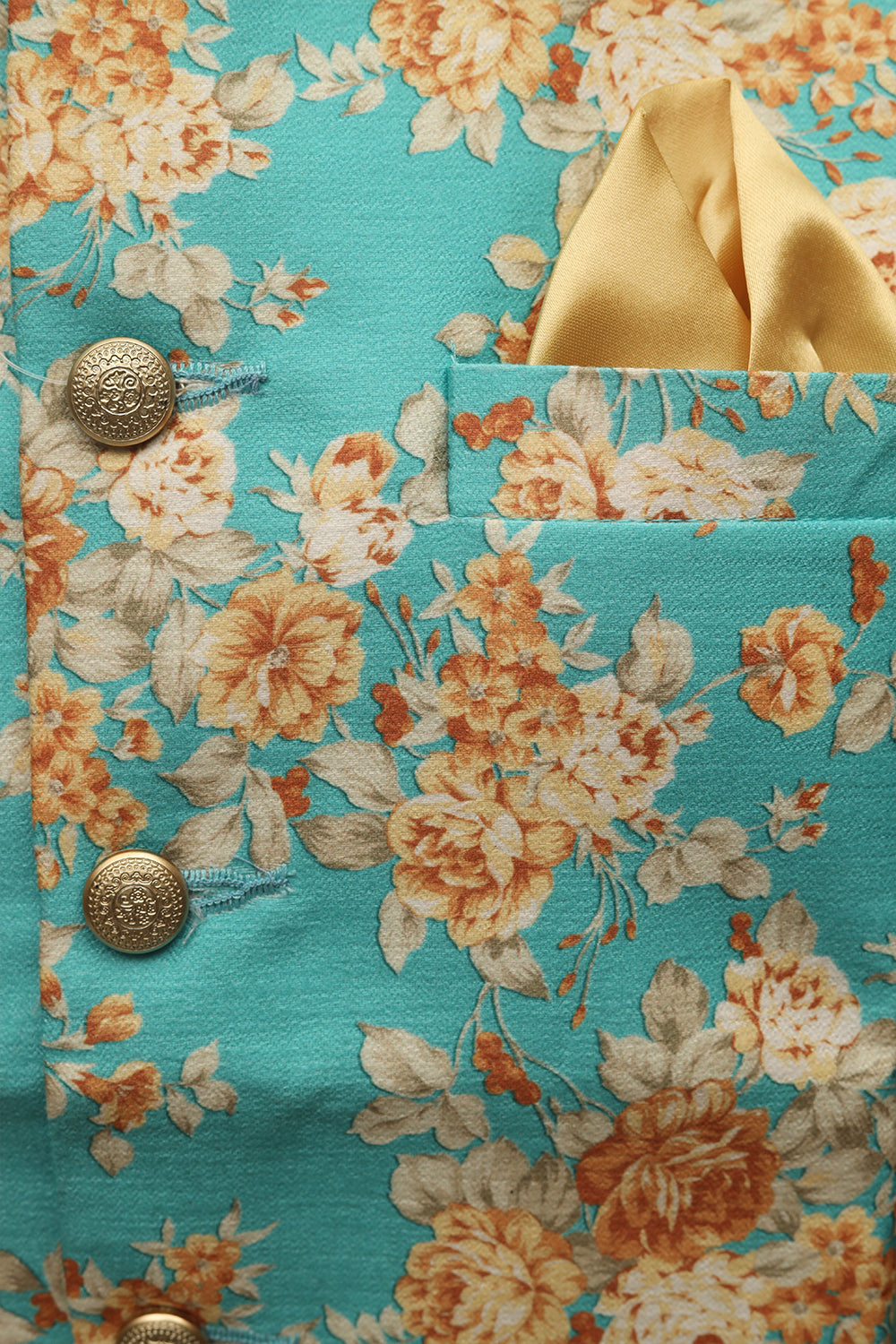 Turquoise blue floral silk Modi coat (Size-M)