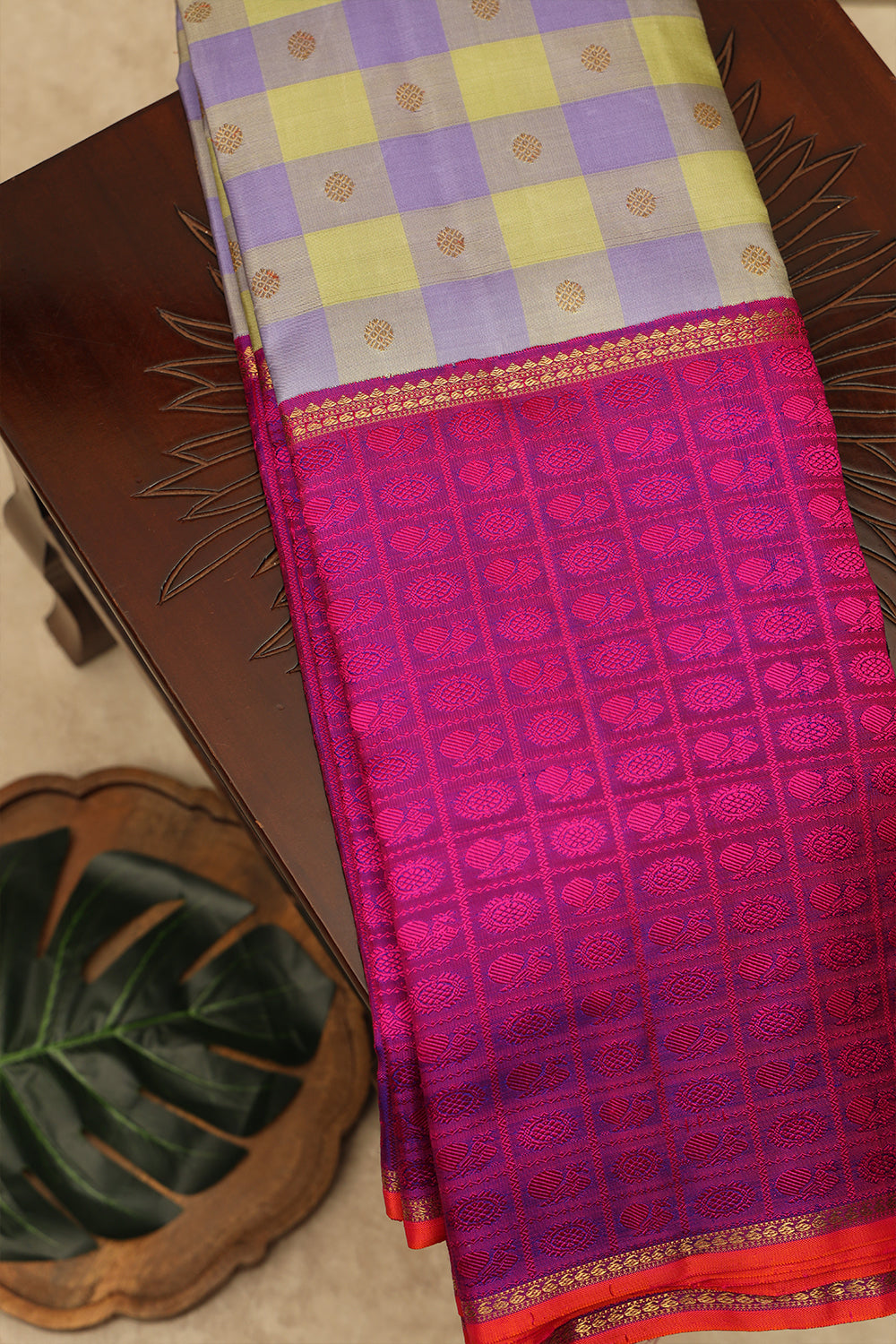 Lite green and lavender with Rani pink silk saree