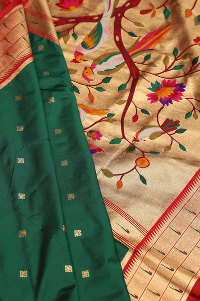Bottle green and red paithani silk saree