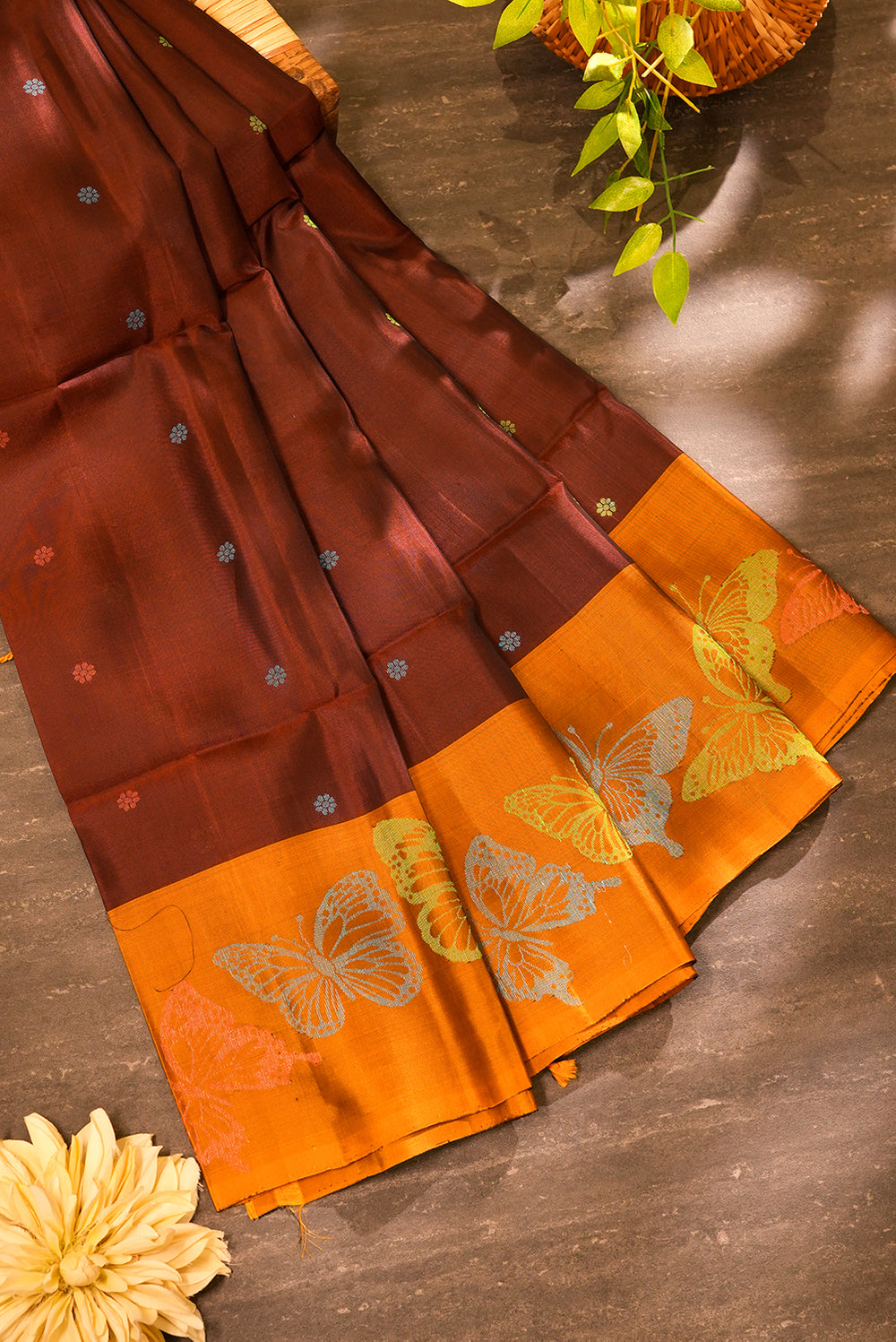 Coffee Brown Soft Silk Saree with Mustard Orange Butterfly Border