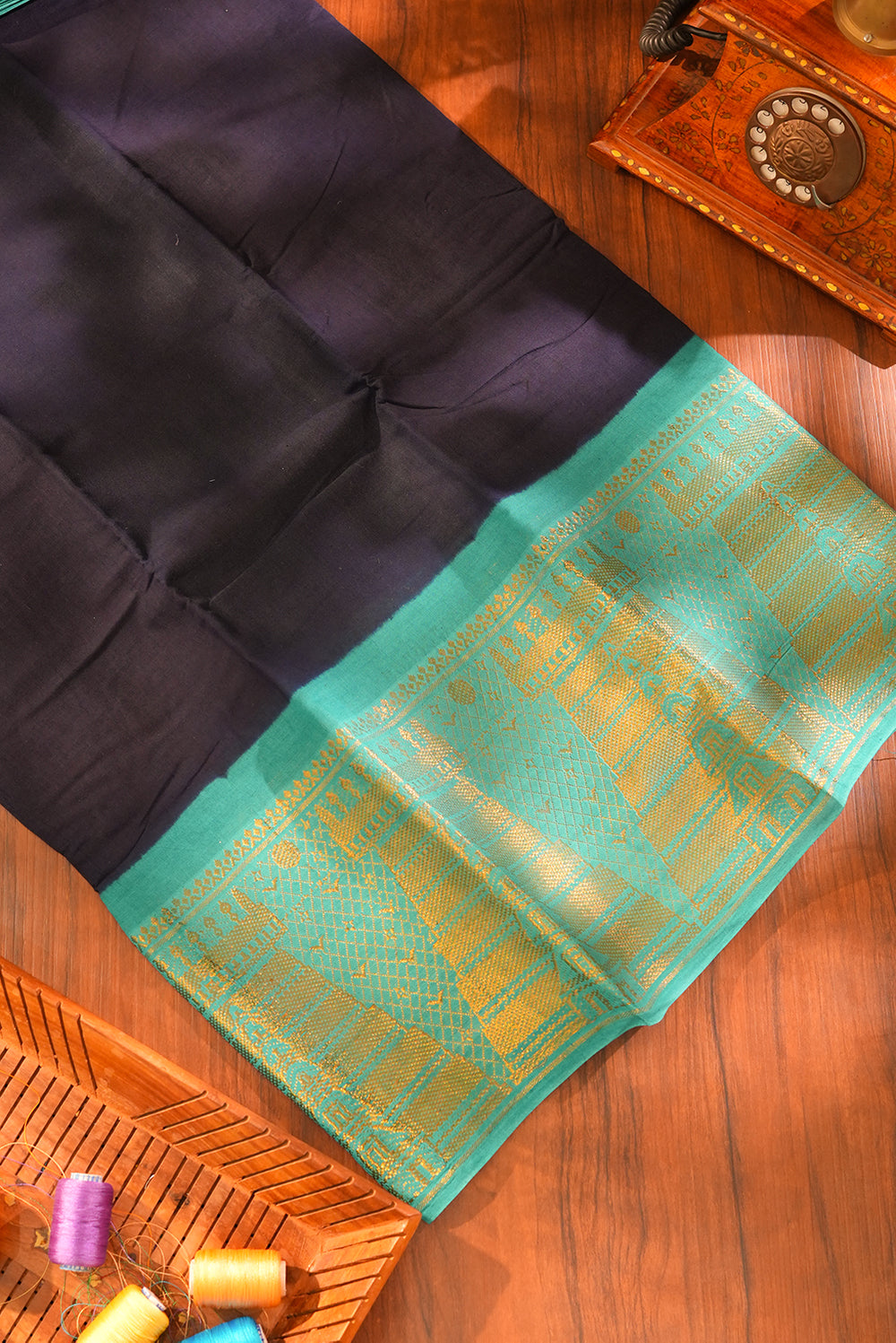 Midnight Blue Silk Cotton Saree with Contrast Sea Green Zari Pallu