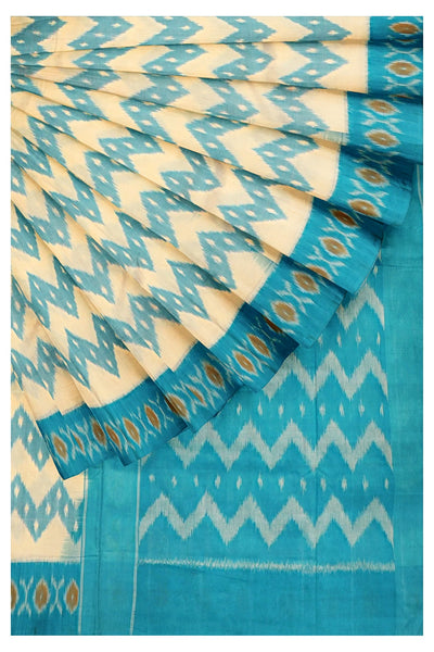 Cream and blue cotton saree