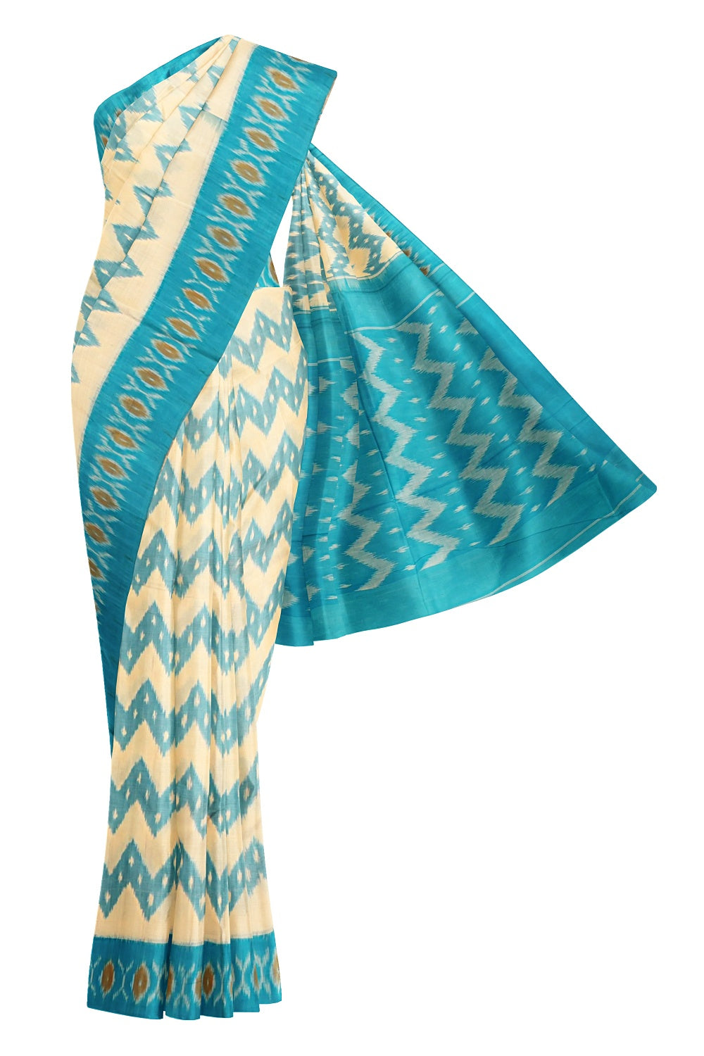 Cream and blue cotton saree