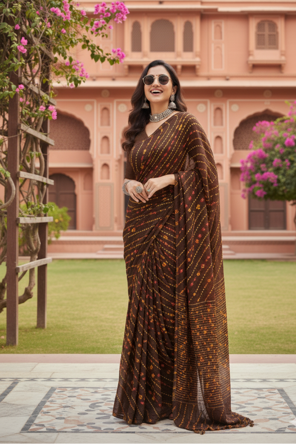 Rich Brown Bandhani Saree with Dual-Tone Red & Yellow Dots