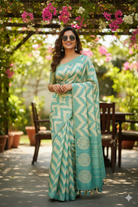 Sea Green & Cream Tissue Linen Saree