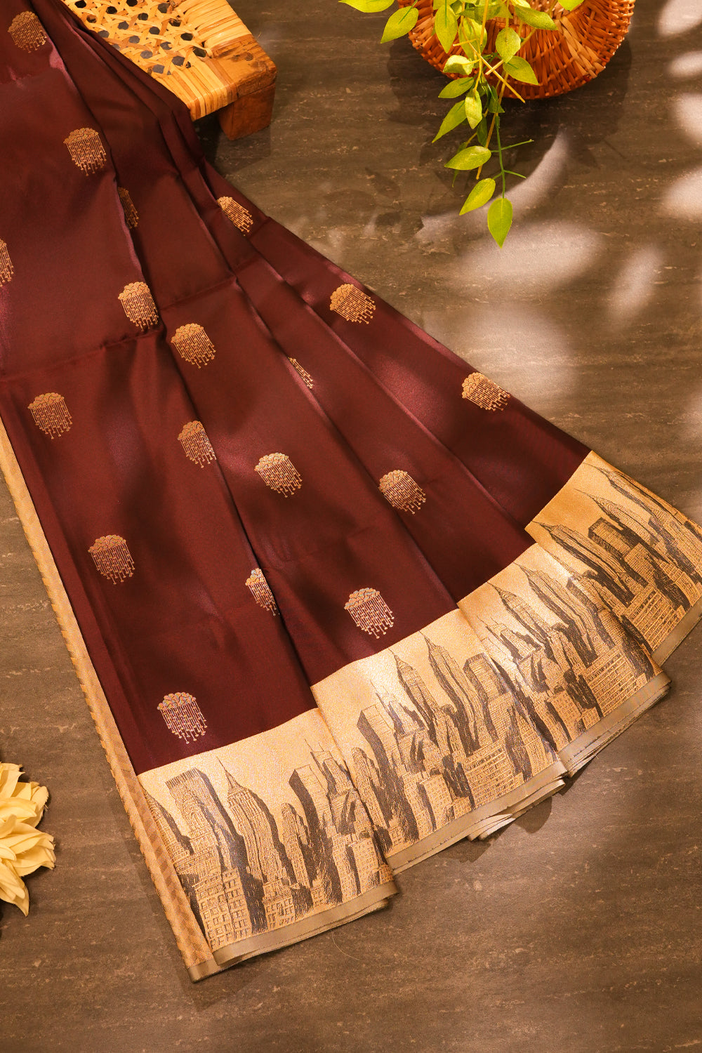 Deep Coffee-Wine Soft Silk Saree – New York City Edition