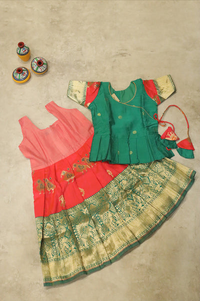 Kids green blouse, peach skirt, green with golden pattu pavadai